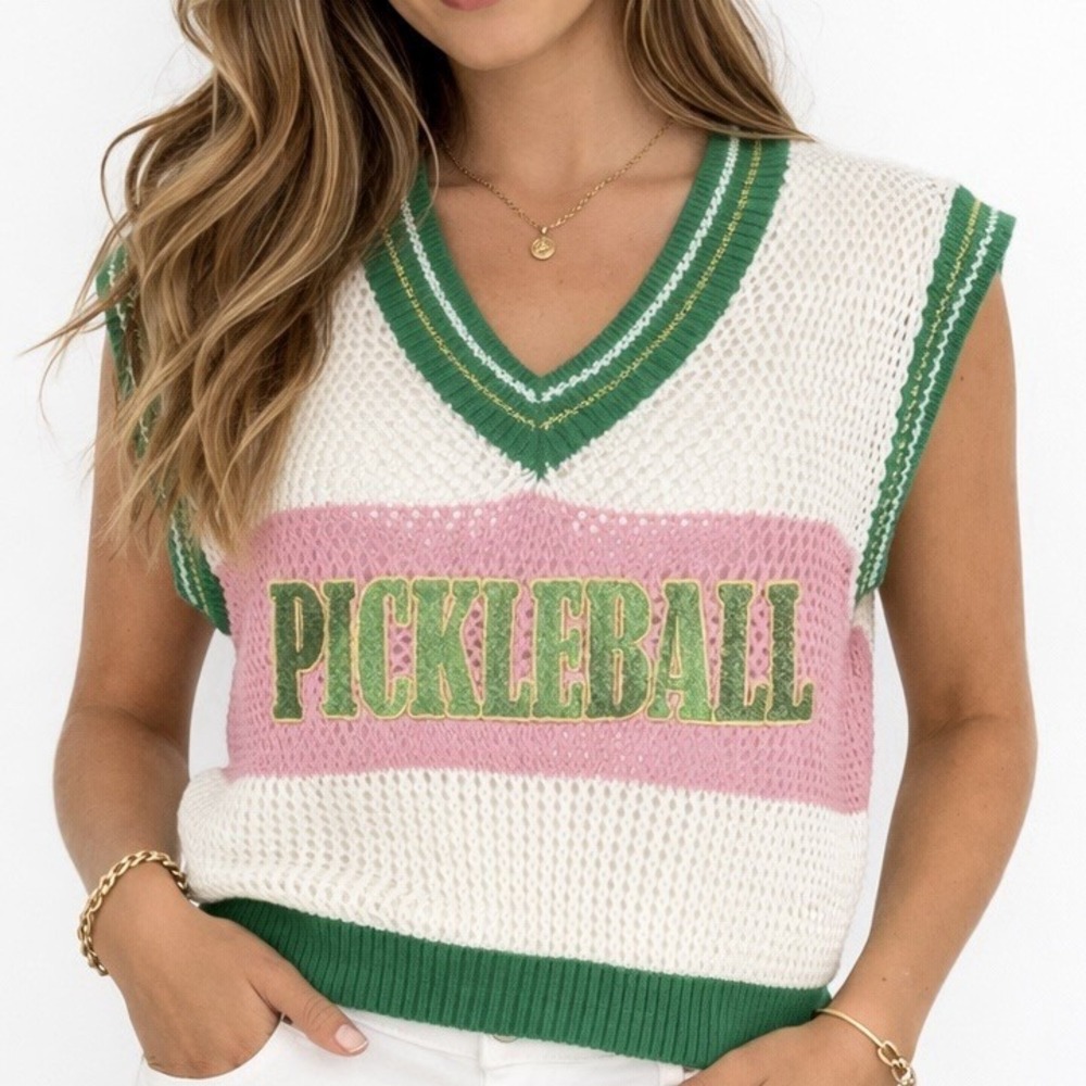 GRACE+EMMA Pickleball Sweater Vest sz L Pink/Green Gold Metallic Sporty Preppy